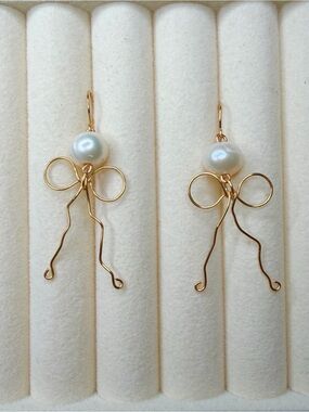 Brass Bow Pearl Earrings